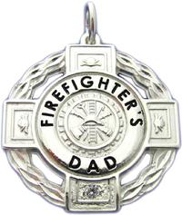FIREFIGHTER BADGE PENDANT CHARM IN WREATH DESIGN IN STERLING SILVER, 10K OR 14K YELLOW OR WHITE GOLD