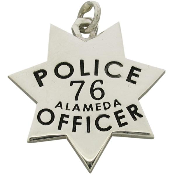 Custom Alameda CA Police Officer badge pendant in sterling silver with black enamel.
