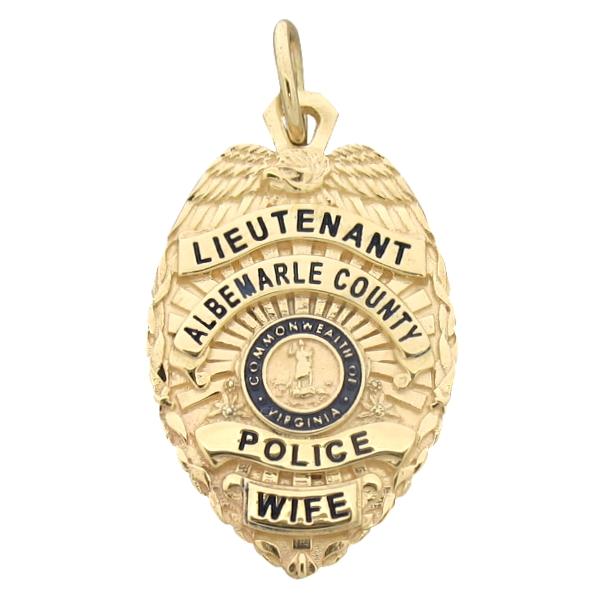 Custom Albemarle VA Police Lieutenant badge pendant in 10k yellow gold with black enamel.