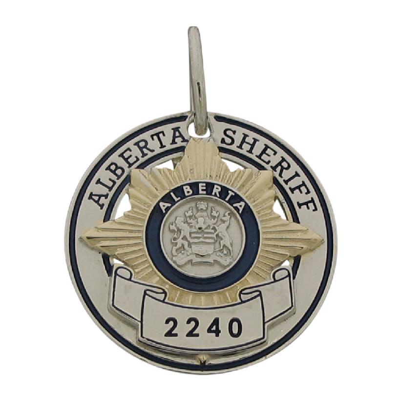 Custom Alberta (Canada) Sheriff's Officer badge key tag in 10k yellow gold with rhodium plate background and blue enamel.