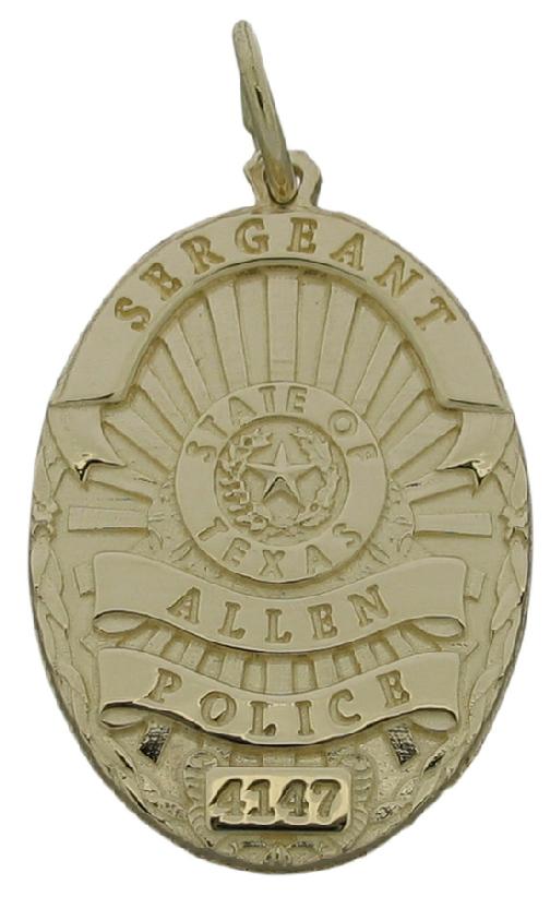 Custom Allen (TX) Police Sergeant badge pendant in 14k yellow gold with engraved text.