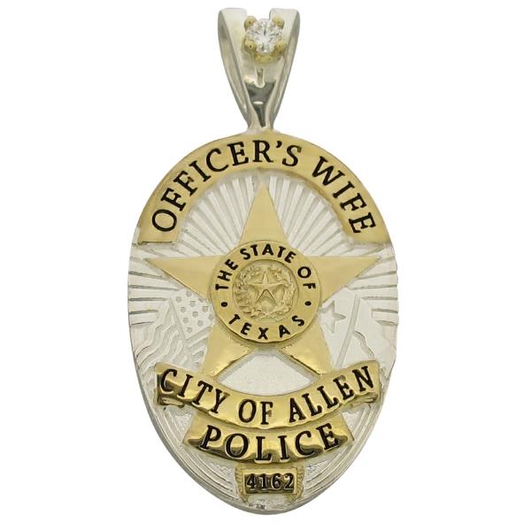Custom City of Allen TX Police Officer badge pendant in two tone sterling silver with optional diamond bail.
