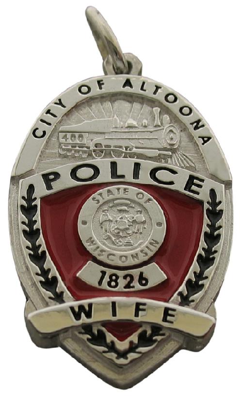 Custom Altoona WI Police Officer badge pendant in sterling silver with red and black enamel
