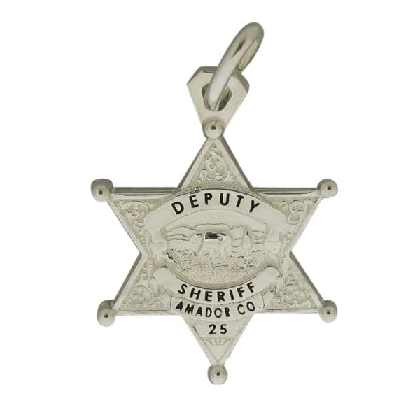 Custom Amador CA Sheriff's Deputy badge charm in sterling silver with black enamel.