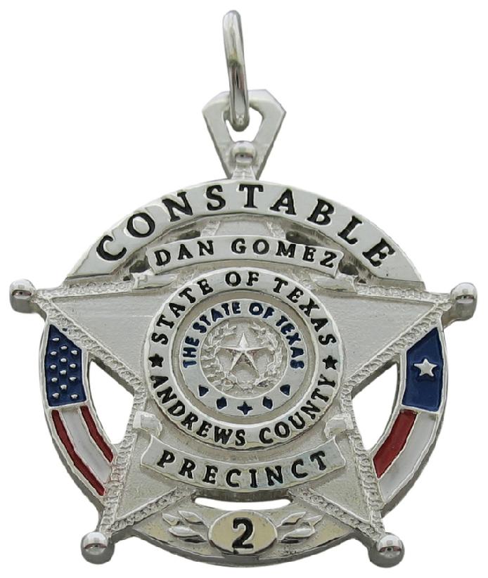 Custom Andrews County, TX Constable Precinct 2 badge pendant in sterling silver with red, white, blue, and black enamel.