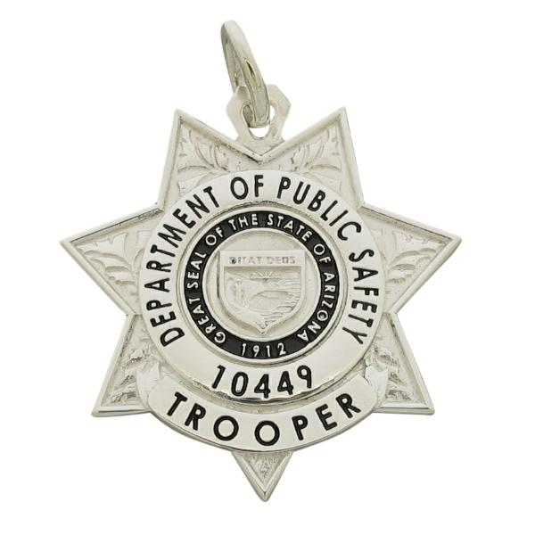 Custom Arizona DPS Trooper memorial badge pendant in sterling silver with black enamel.