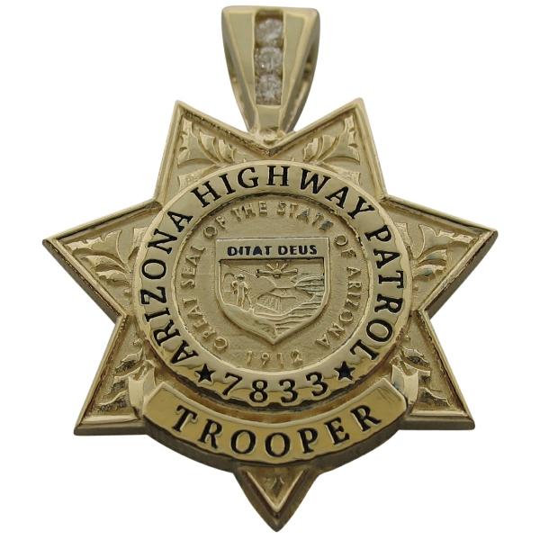 Custom Arizona Highway Patrol Trooper badge pendant in 14k yellow gold with optional 3-diamond pendant bail and black enamel.