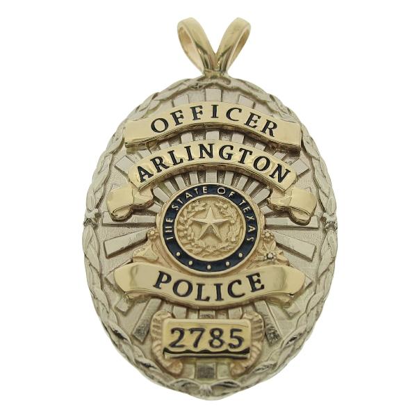 Custom Arlington TX Police Officer badge pendant in assembled two tone 10k white gold shield with 14k yellow gold ribbons & seal, standing text, blue enamel