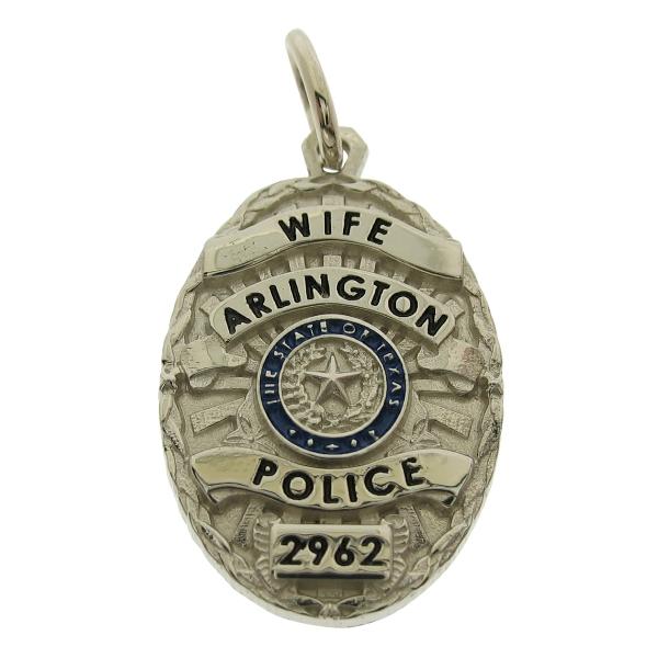 Custom Arlington TX Police Officer badge pendant in 10k white gold, blue and black enamel.