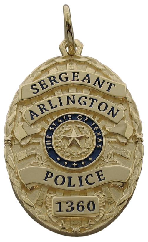 Custom Arlington TX Police Sergeant badge pendant in 14k yellow gold with optional standing letter text and blue and black enamel.