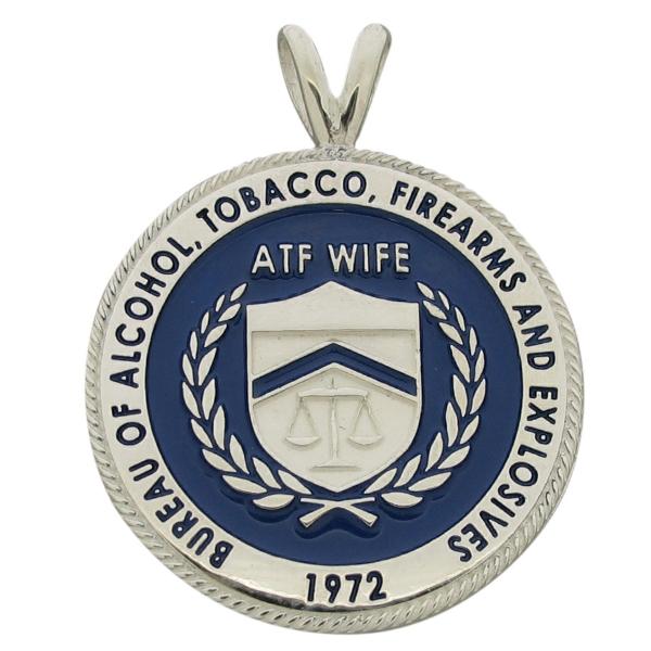 Custom Bureau of Alcohol, Tobacco, Firearms, & Explosives badge pendant in sterling silver with blue enamel.