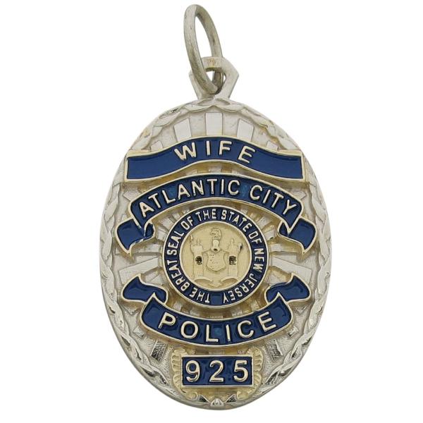 Custom Atlantic City NJ Police Officer badge pendant in 10k yellow gold with rhodium plated two tone finish and blue enamel.