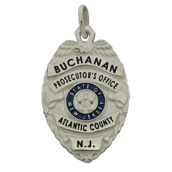 Custom Atlantic County NJ Prosecutor badge pendant in sterling silver with blue and black enamel.