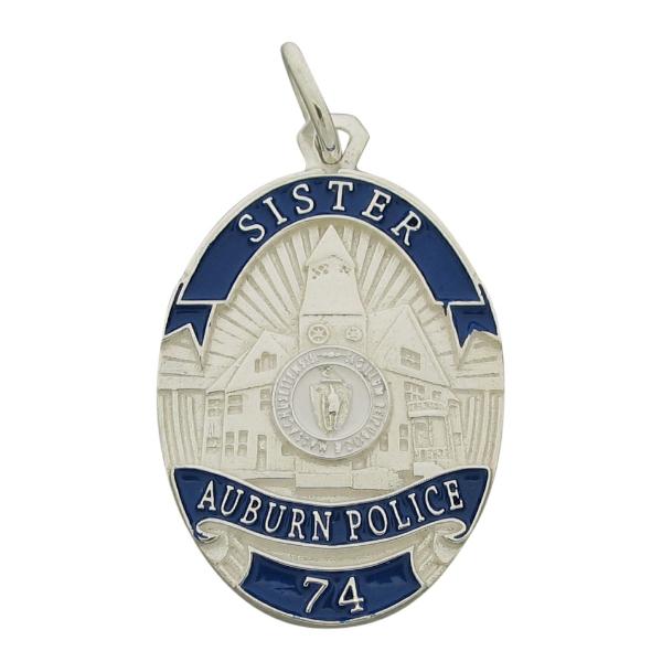 Custom Auburn (MA) Police Officer memorial badge pendant in sterling silver with blue and white enamel.