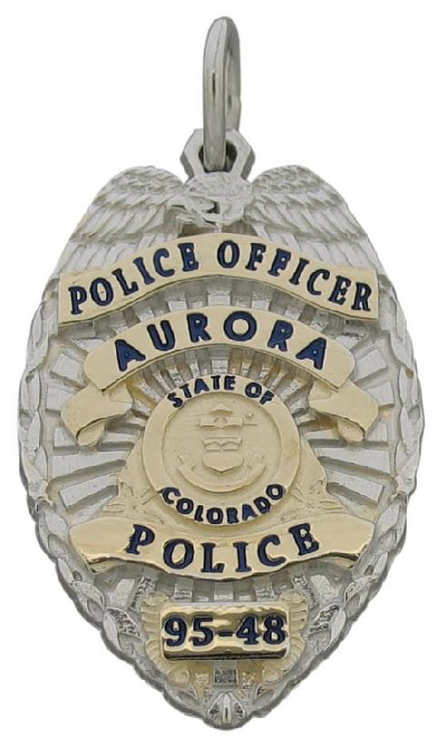 Custom Aurora CO Police Officer badge pendant in 10k yellow gold with rhodium plate two tone finish and black enamel