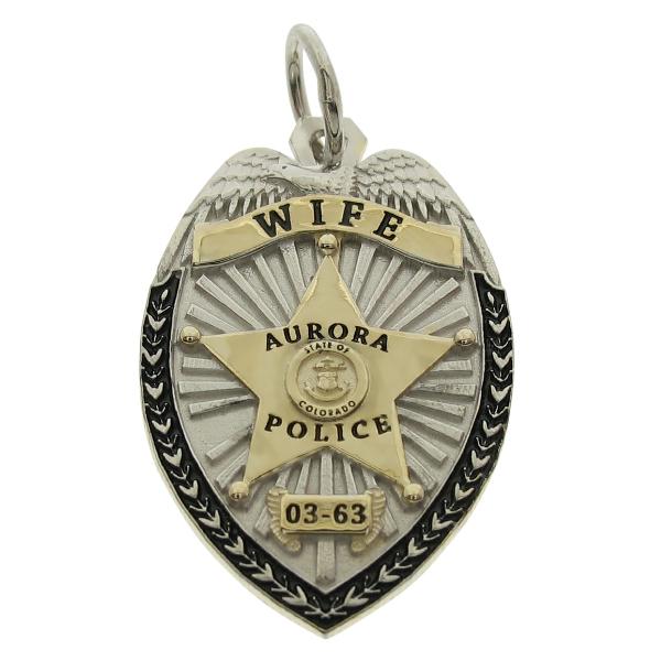 Custom Aurora CO Police Wife badge pendant in two tone 10k gold with enamel text and highlights.