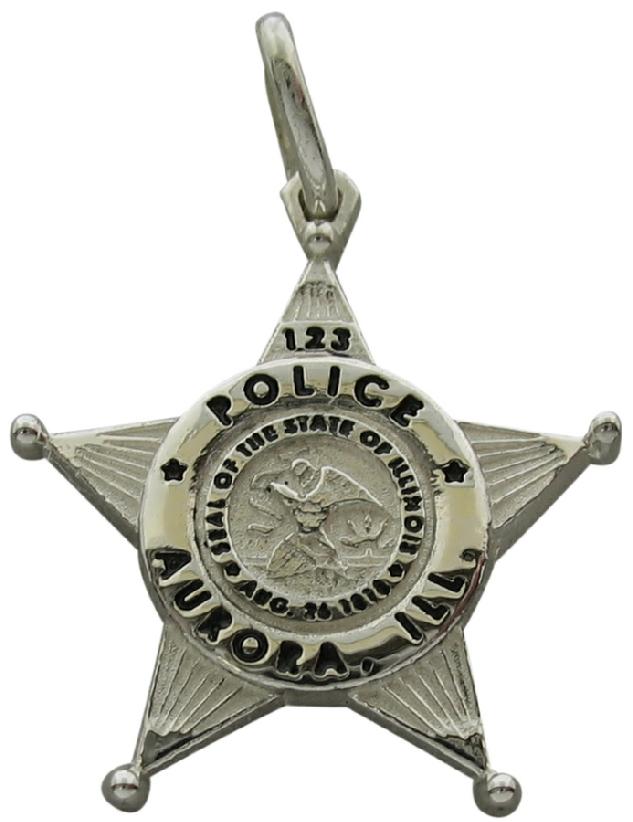 Custom Aurora, IL Police Officer badge charm in sterling silver with black enamel.