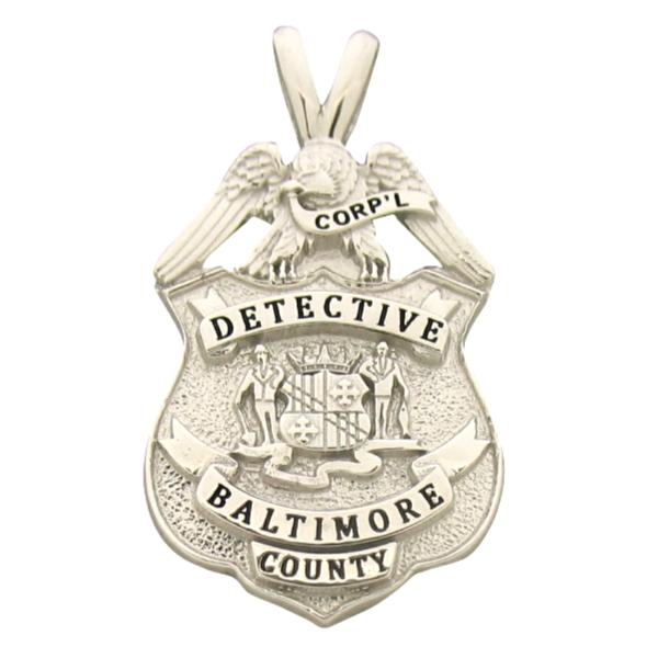 Custom Baltimore County Detective Corporal badge pendant in 18k white gold with black enamel.