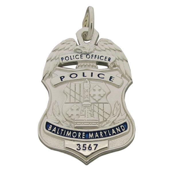 Custom Baltimore MD Police Officer badge pendant in sterling silver with blue enamel.