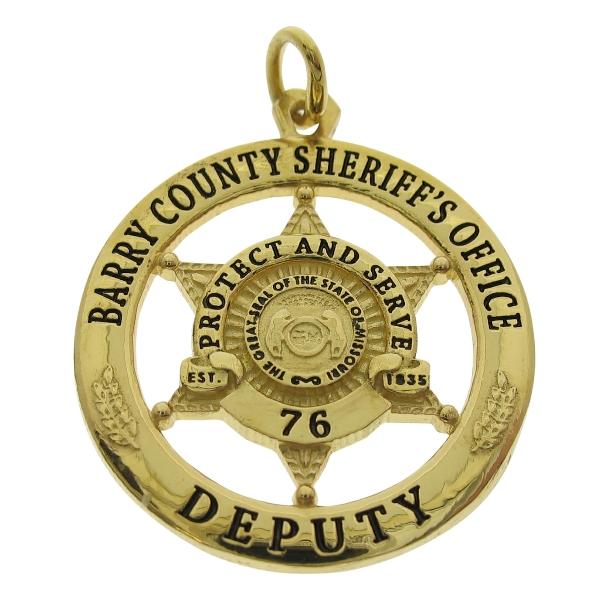 Custom Barry County MO Sheriff's Deputy memorial badge pendant in gold plated sterling silver with black enamel.