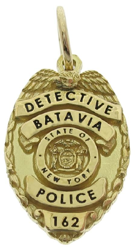 Custom Batavia NY Police Detective badge charm in 18k yellow gold with black enamel.