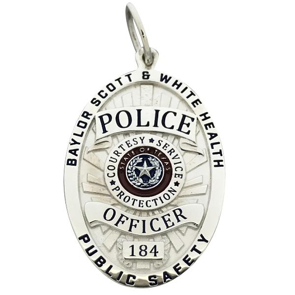 Custom Baylor Scott & White Health Police Officer badge pendant in sterling silver with red, blue, and black enamel.