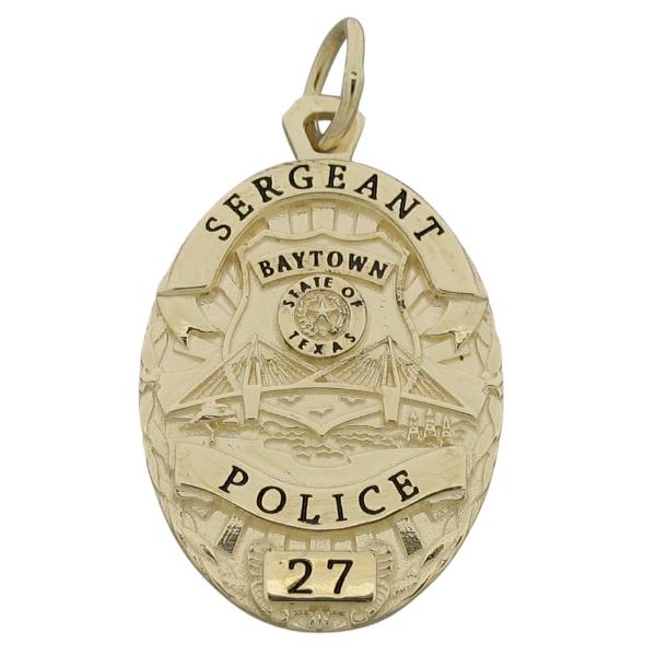 Custom Baytown (TX) Police Sergeant badge pendant in 10k yellow gold with black enamel.