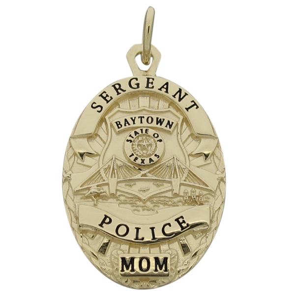 Custom Baytown TX Police Sergeant badge pendant in 10k yellow gold with black enamel.