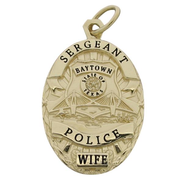 Custom Baytown TX Police Sergeant badge pendant in 10k yellow gold with black enamel.