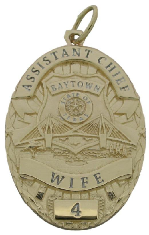 Custom Baytown (TX) Police Deputy Chief badge pendant in 14k yellow gold with silver enamel text.