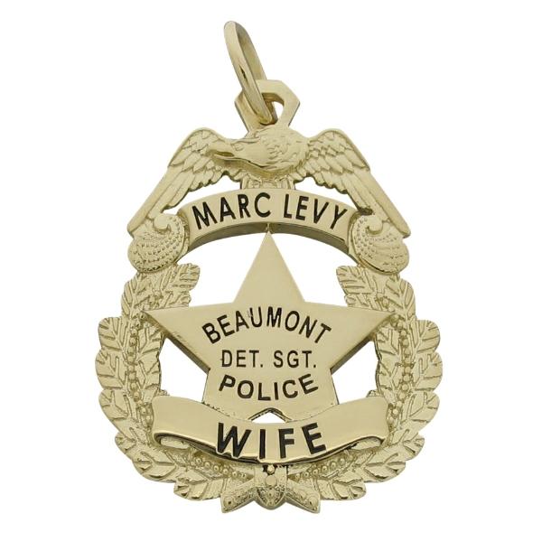 Custom Beaumont TX Police Detective Sergeant's badge pendant in 14k yellow gold with black enamel.