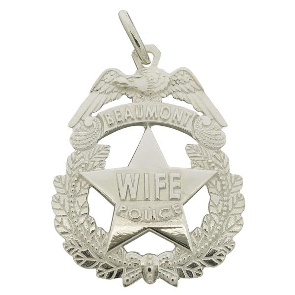 Custom Beaumont Police Officer badge pendant in sterling silver with raised letters.