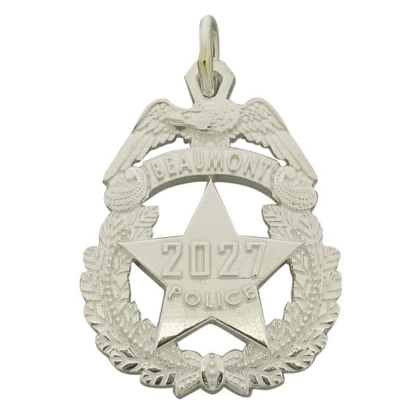 Custom Beaumont TX Police Officer badge pendant in sterling silver with standing letters & badge number.