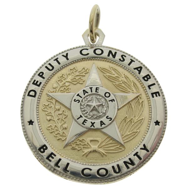Custom Bell County TX Deputy Constable badge pendant in 10k yellow gold with rhodium plated detail and black enamel text.