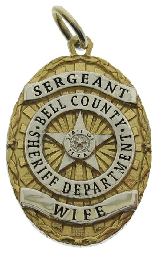 Custom Bell County TX Sheriff Sergeant badge pendant in sterling silver with rhodium plated highlights and black enamel text.