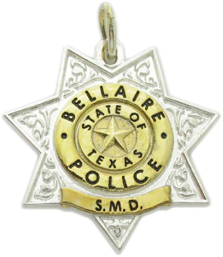 Bellaire, Texas TX Police custom badge pendant in sterling silver with gold plated ribbons and center detail