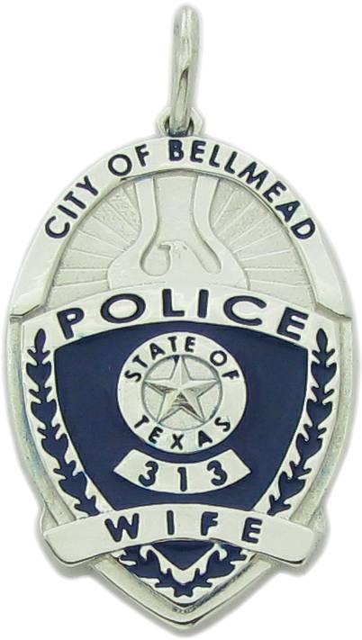 Custom Bellmead, Texas Police Officer badge pendant in sterling silver with optional enamel color-fill.
