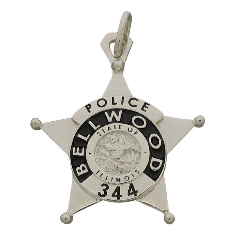 Custom Bellwood (IL) Police Officer badge pendant in sterling silver with black enamel.