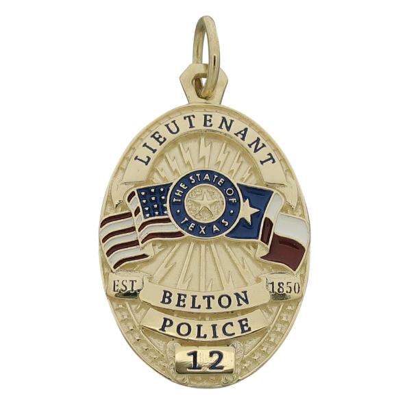 Custom Belton TX Police Lieutenant badge pendant in 10k yellow gold with red, white, & blue enamel flags and lettering.