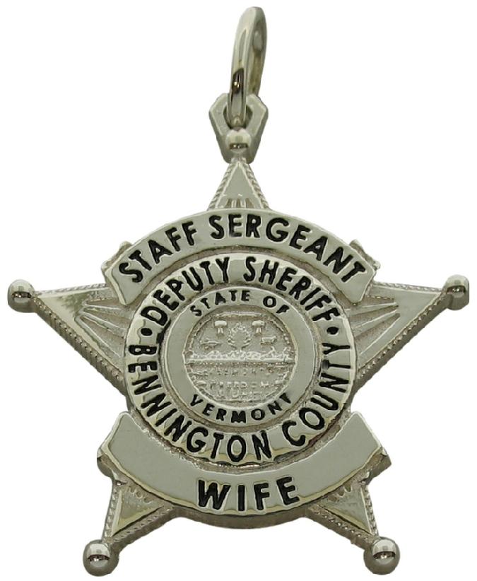 Custom Bennington VT Sheriff Staff Sergeant badge pendant in sterling silver with black enamel.