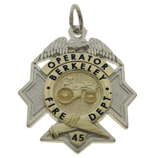 Custom Berkeley CA Fire Department Operator badge pendant in 10k yellow gold with rhodium plated two tone finish and black enamel.