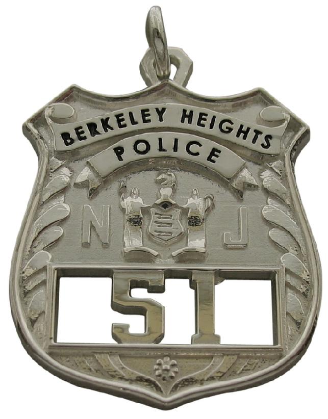 Custom Berkeley Heights NJ Police Officer badge pendant in sterling silver with black enamel text and cutout badge numbers.