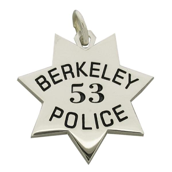 Custom Berkeley CA Police Officer badge pendant in sterling silver with black enamel text.