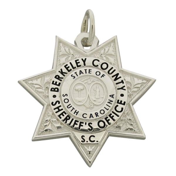 Custom Berkeley SC Sheriff's Deputy badge pendant in sterling silver with black enamel.