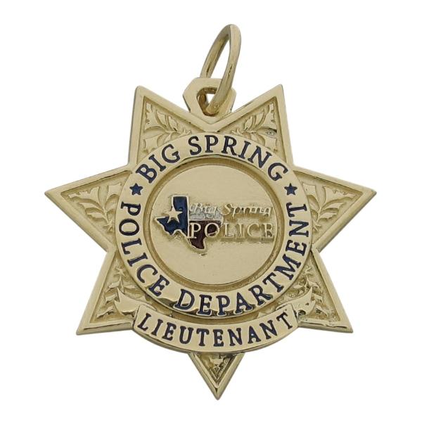Custom Big Spring TX Police Lieutenant badge pendant in 10k yellow gold with red, white, and blue enamel.