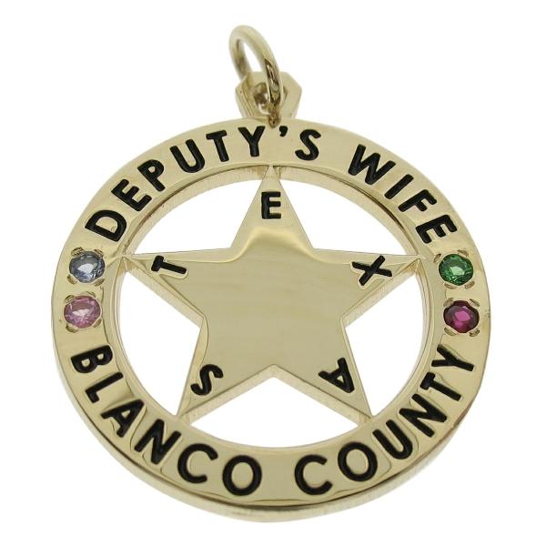 Custom Blanco County TX Sheriff's Deputy badge pendant in 10k yellow gold with optional birthstones.
