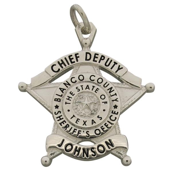 Custom Blanco TX Sheriff's Chief Deputy memorial badge pendant, black enamel.