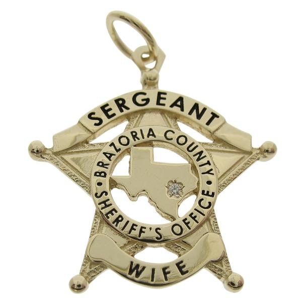 Custom Brazoria County TX Sheriff's Sergeant badge pendant in 14k yellow gold with optional diamond and black enamel.