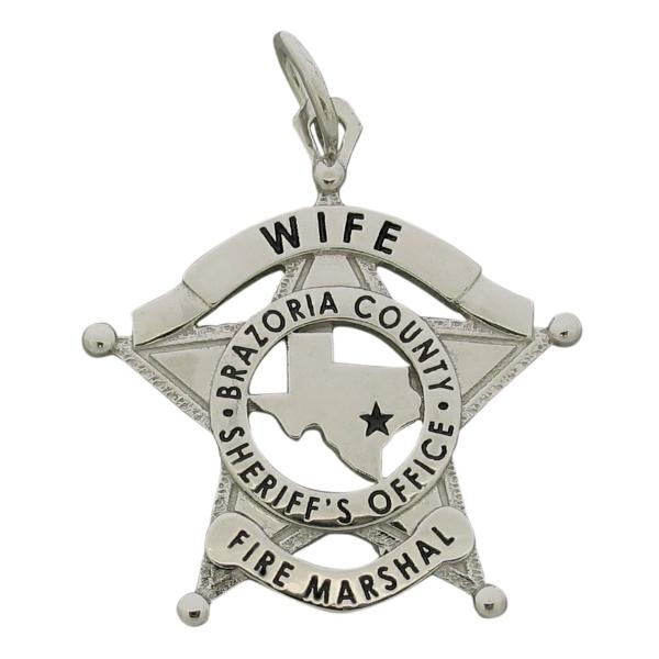 Custom Brazoria County TX Sheriff's Office Fire Marshal badge pendant in 10k white gold with black enamel.