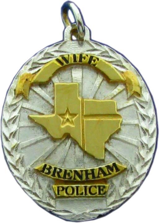 Brenham, Texas TX Police custom badge penant in sterling silver with gold plated ribbons and detail